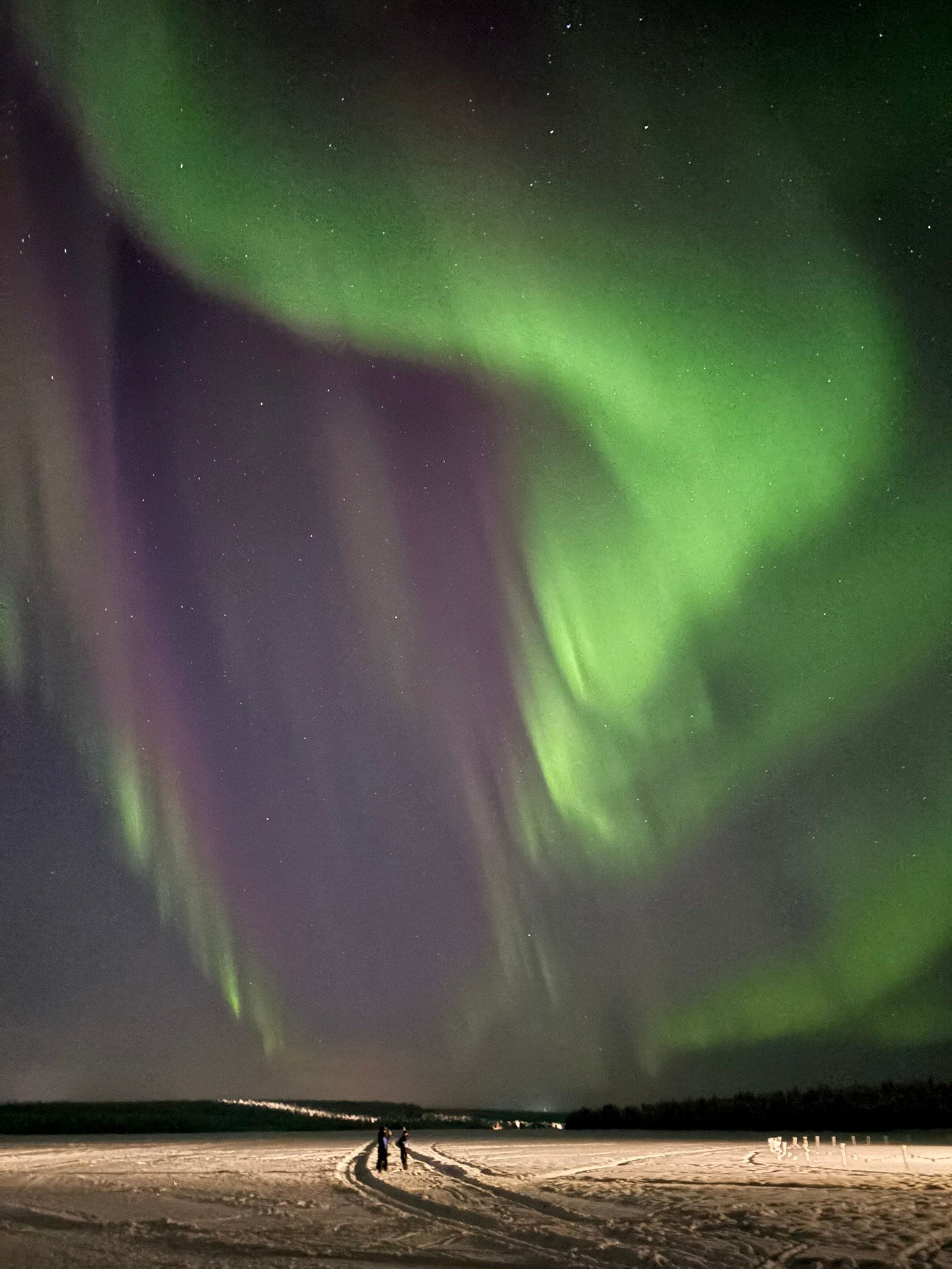 Northern lights above a snowy Lapland landscape