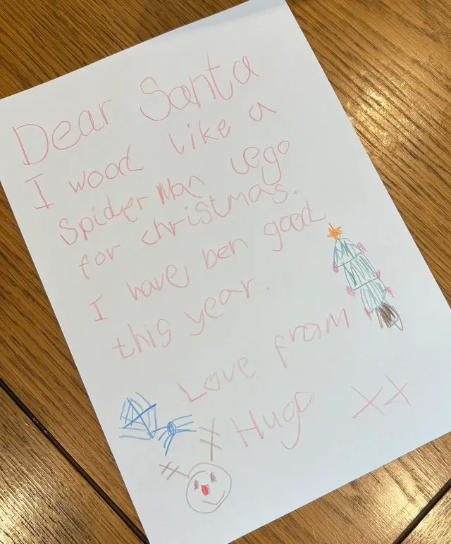 A handwritten letter to Santa from Hugo asking for Spider-Man Lego