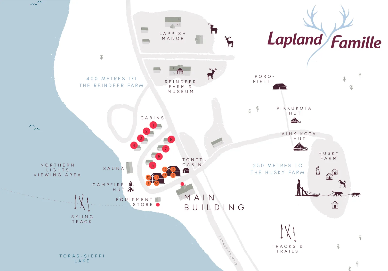 Illustrated map of Torassieppi resort beside Lake Toras-Sieppi, with numbered cabins, the main building, sauna, reindeer farm and husky farm.